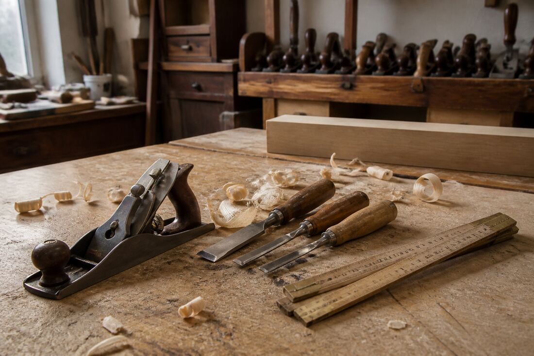 Hand tools and wood shavings on a workshop bench