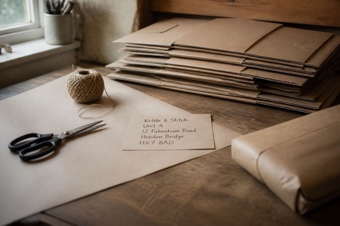 Brown paper, twine and scissors on a packing bench