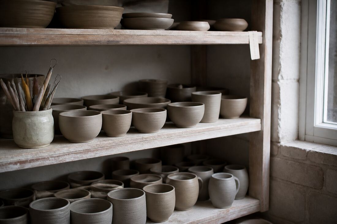 Unglazed stoneware drying on a potter's shelf