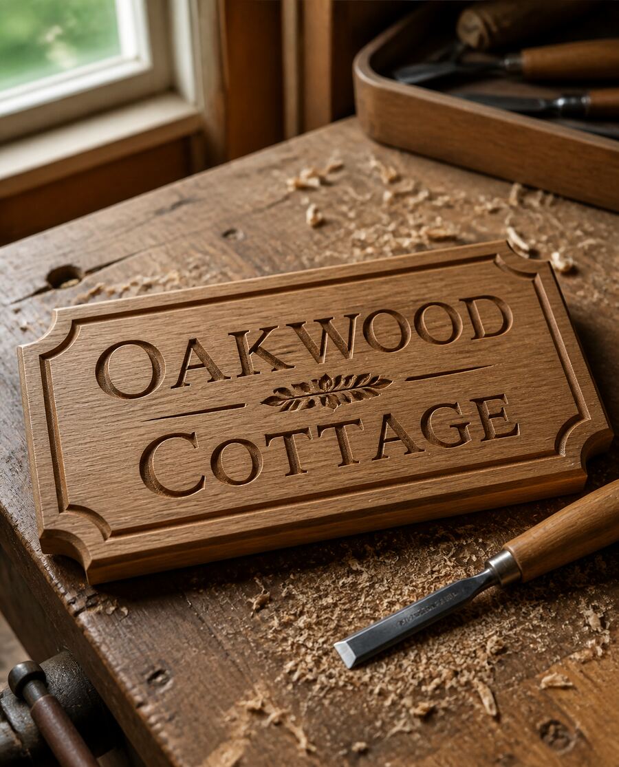 A hand-carved oak house sign on a workbench